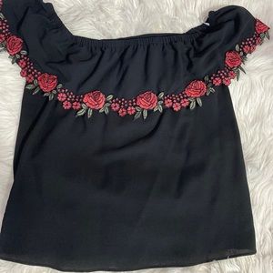 Off the Shoulder Black Blouse Size L Roses